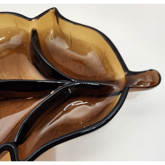 Vintage Amber Glass Leaf Divided Serving Dish 13" Mid Century Retro Leaf Tray - Picture 6 of 7